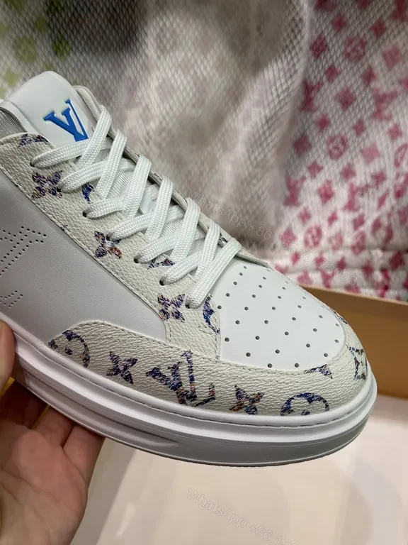 View 5 of Louis Vuitton-Style White Leather Sneakers with Signature Details