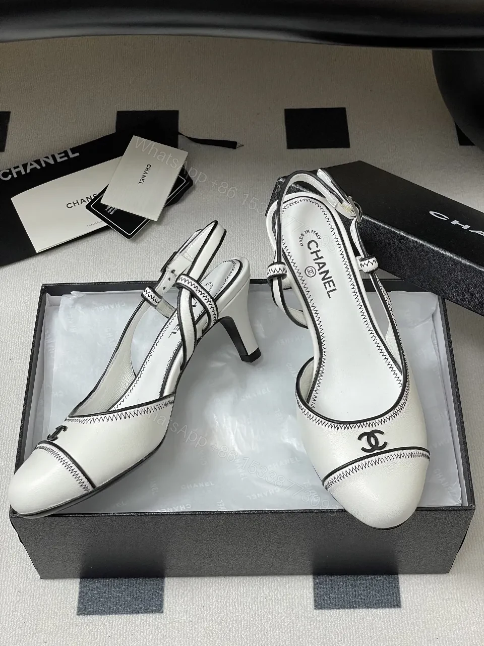 View 5 of White Leather Slingback Kitten Heels with Contrast Stitch