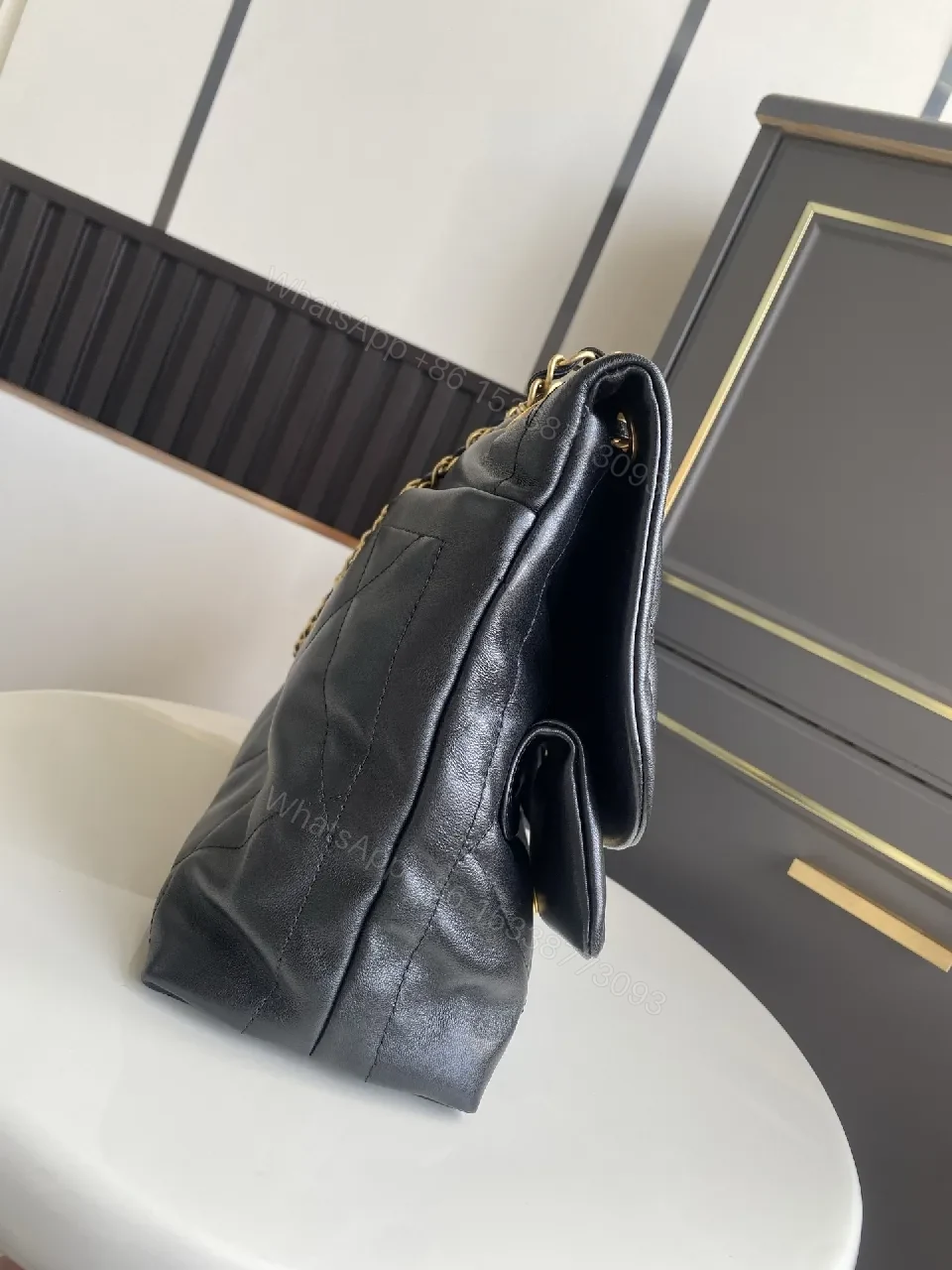 View 3 of Lux Quilted Leather Handbag in Black with Gold Hardware