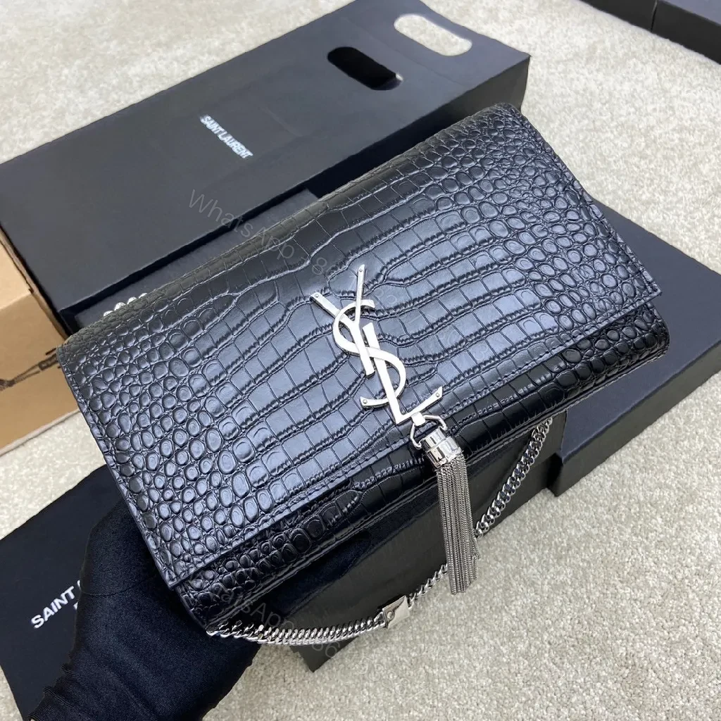 View 3 of Crocodile-Textured Leather Crossbody with Logo Clasp