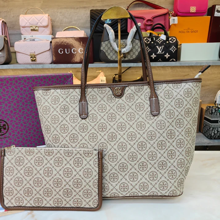 View 12 of First Copy Tory Burch T Monogram Large Zip Tote Bag Biege