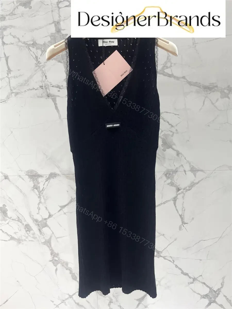 View 2 of Miu Miu Black Knitted Mini Dress with Lace Trim
