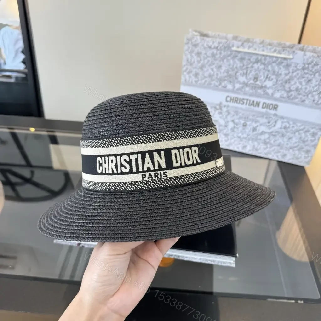 View 6 of Black Woven Straw Hat with Ribbon Band, Dior-Inspired Straw Hat