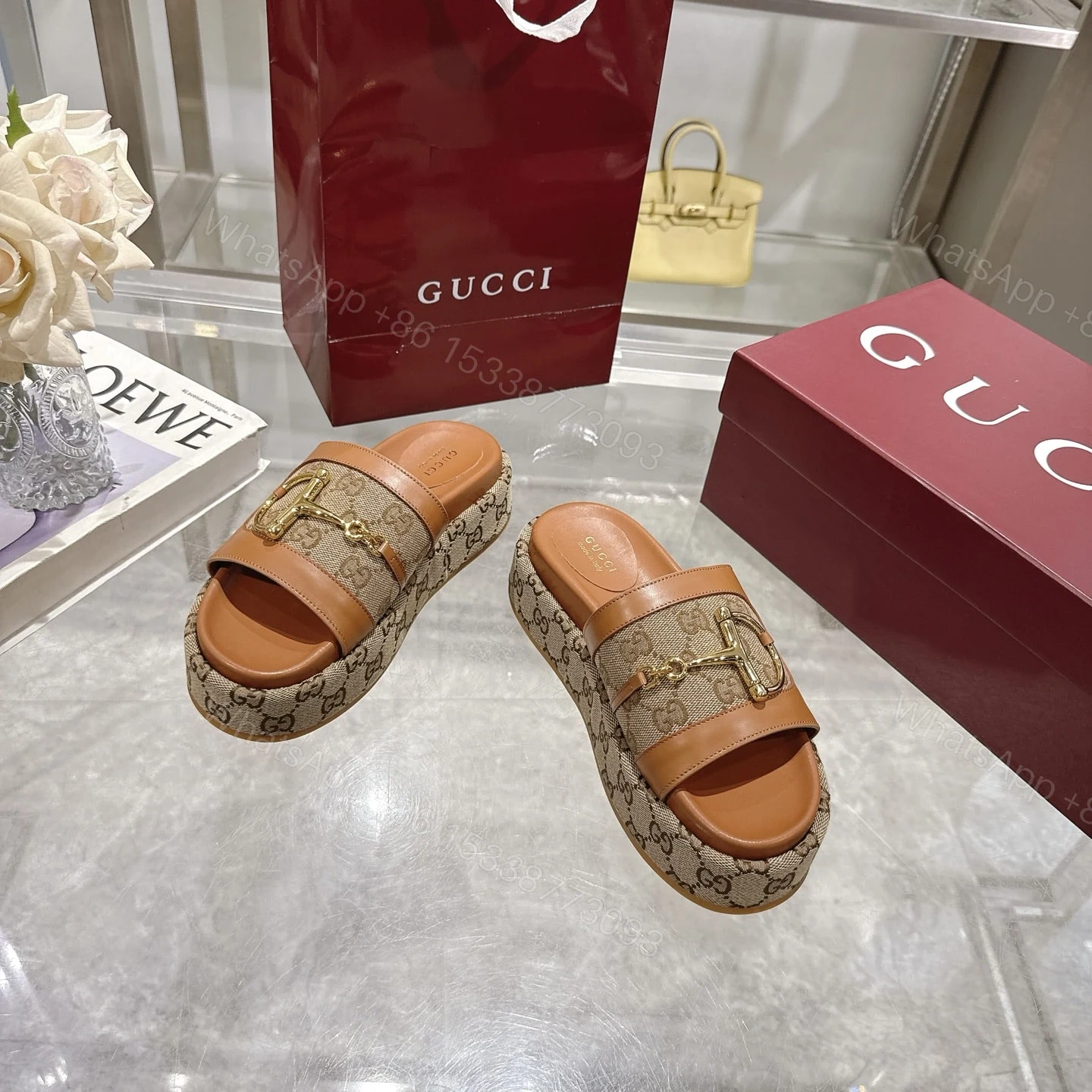 View 3 of GUCCI WOMEN’S PLATFORM SLIDES WITH HORSEBIT BROWN