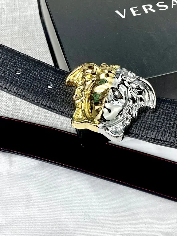 View 2 of Versace Two-Tone Medusa Belt: Black Full-Grain Leather Luxury