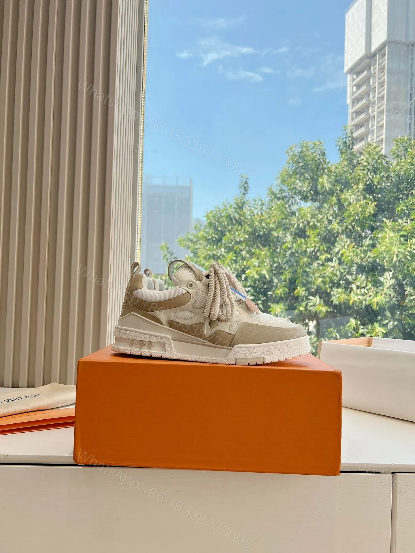View 2 of LV Women Beige Mesh Leather Sneakers