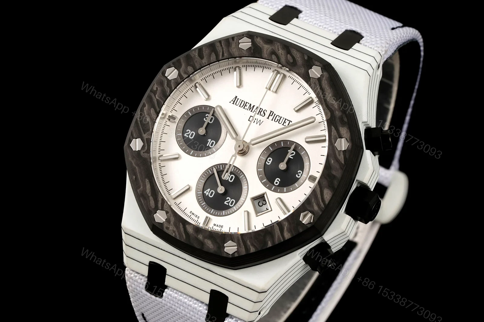 View 3 of Audemars Piguet Replica Royal Oak Chronograph 42MM Premium Carbon Bezel White Strap Edition AP-RO-CB-WHT-42