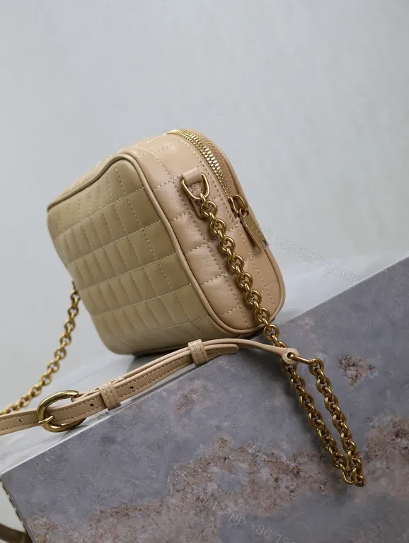 View 8 of Taupe Quilted Crossbody Bag with Gold YSL-Inspired Logo