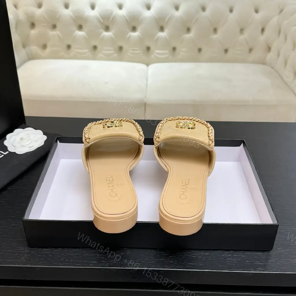 View 5 of Beige Quilted Leather Slide with Gold Crest, Luxe Casual