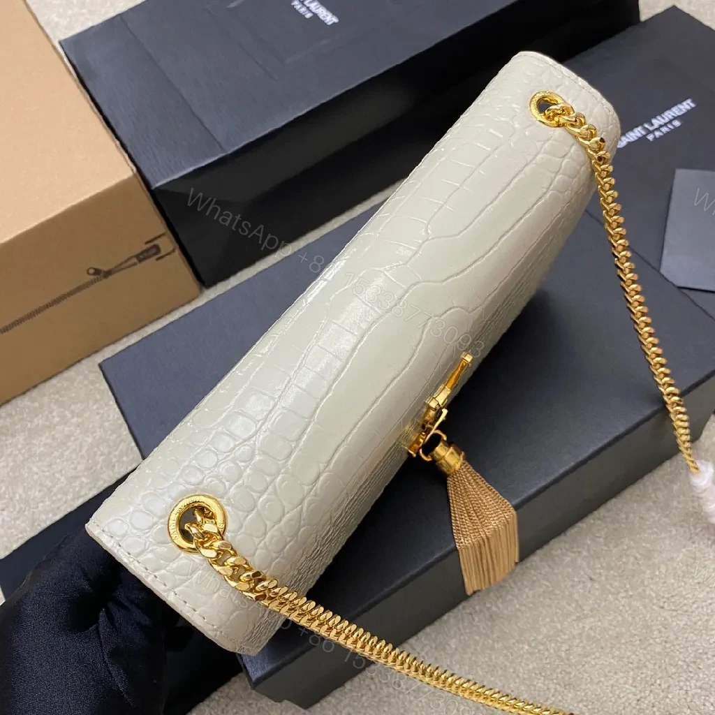 View 4 of Croc-Texture Clutch with Gold Monogram Tassel