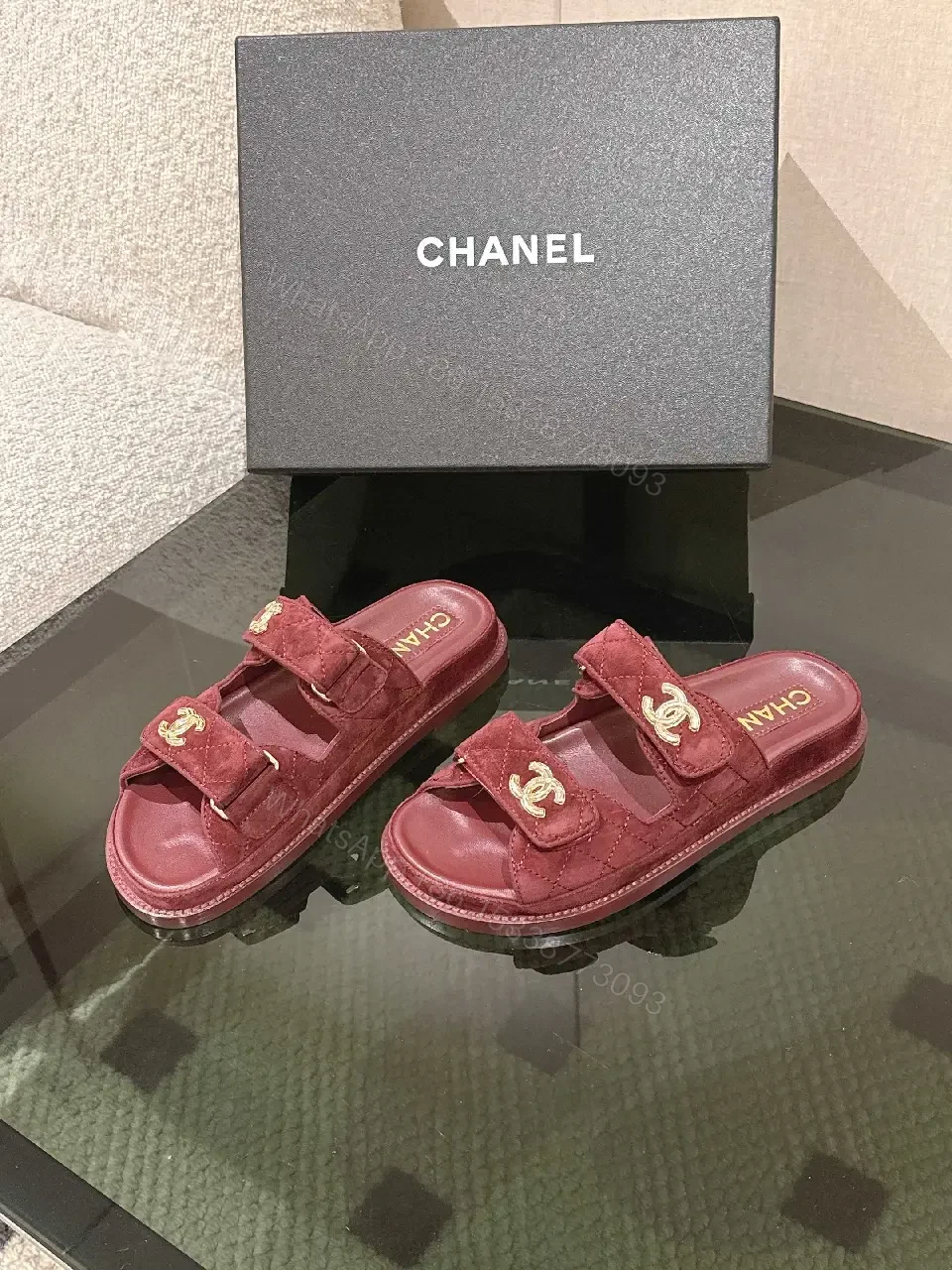 View 5 of Velvet Burgundy Slide Sandals – Luxe Comfort, Gold Hardware