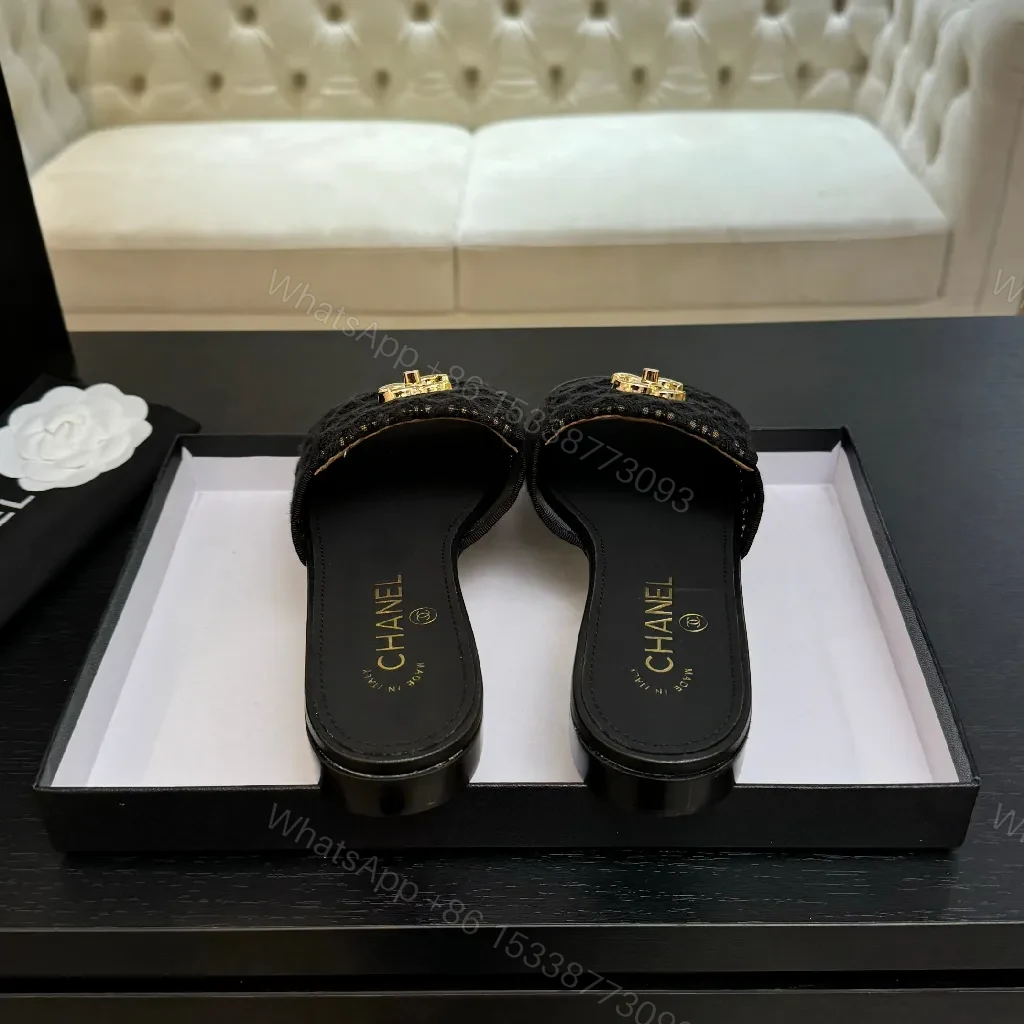 View 8 of Lux Black Chanel-Texture Slide with Gold Logo Accent