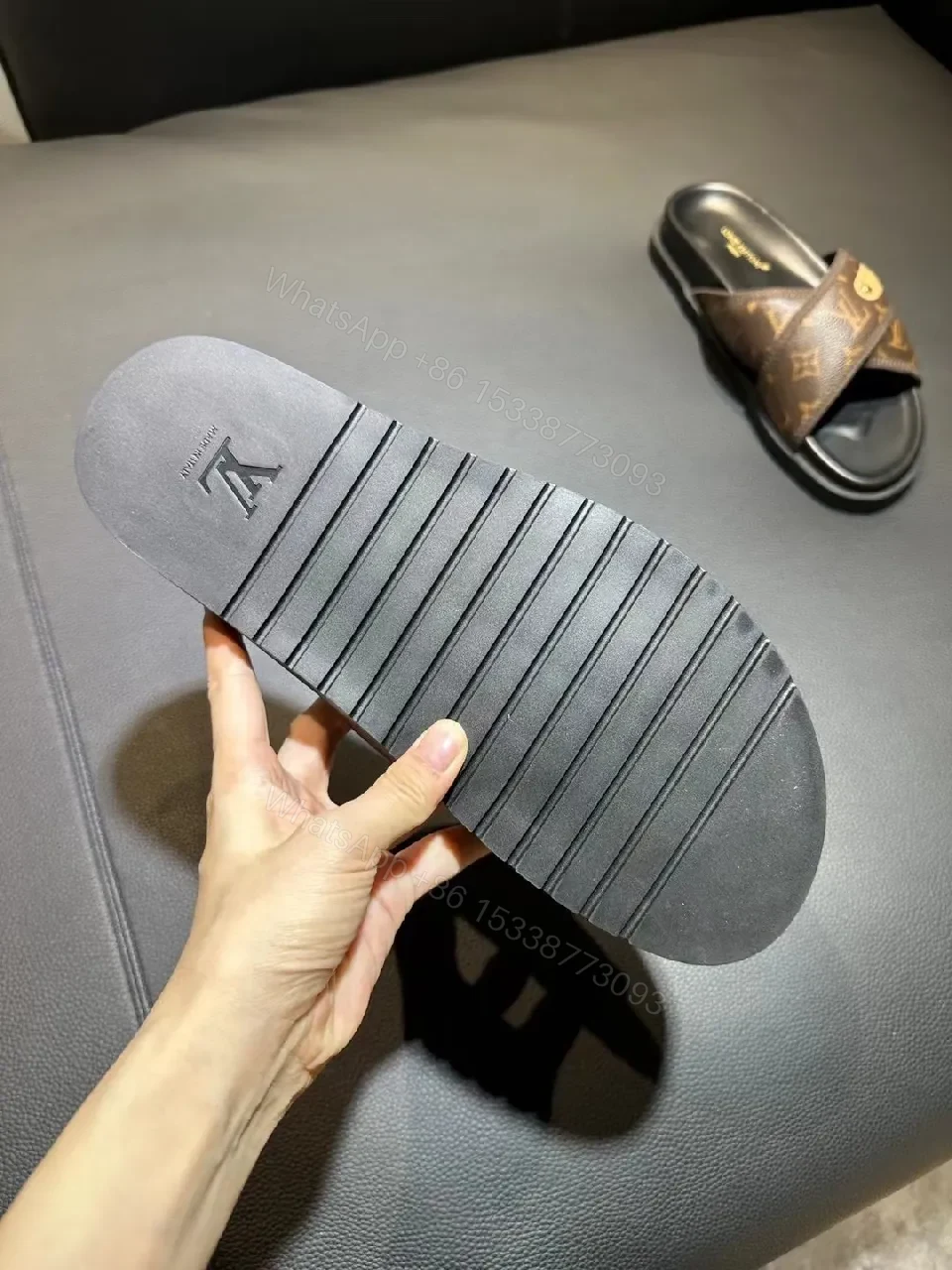 View 2 of Brown Monogram-Print Slip-On Sandals with Leather Trim