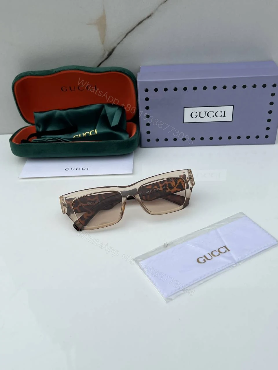 View 4 of First Copy Gucci Rectangular Sunglasses Beige Transparent Frame Brown Lens
