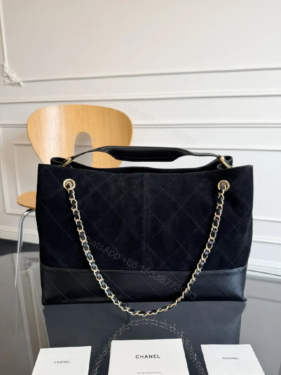View 14 of Black Quilted Tote - Gold Chain - Modern Luxury Tote