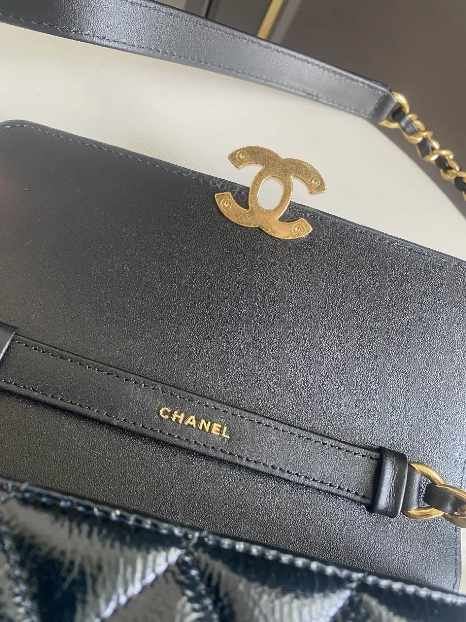 View 9 of Quilted Black Leather Bag with Gold Hardware, Classic Style