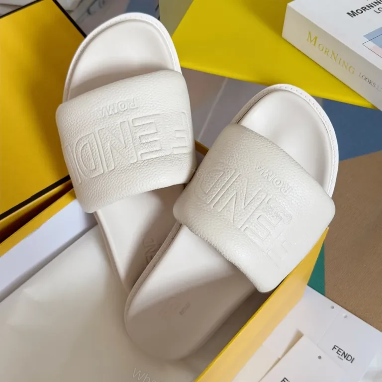 View 9 of Monochrome Fendi ROMA Leather Slip-On Sandals, Luxury Comfort