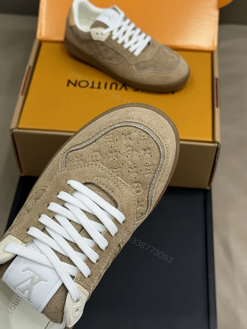 View 9 of Low-Top Luxe Sneaker: Taupe Suede, Monogram Textured Comfort