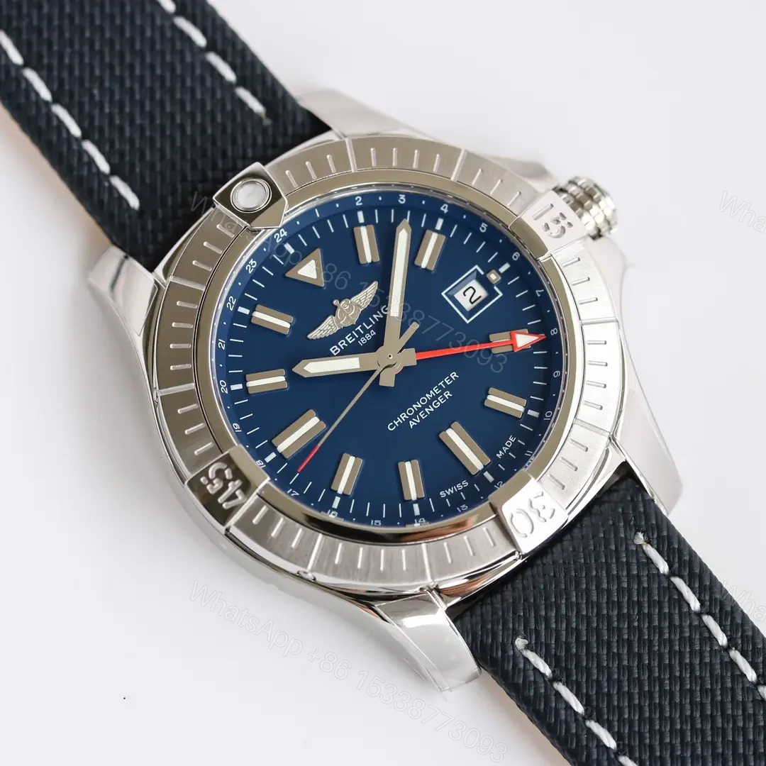 View 9 of V7 Factory Breitling Avenger Automatic GMT 45 – Blue Dial with Stainless Steel Case and Black Strap