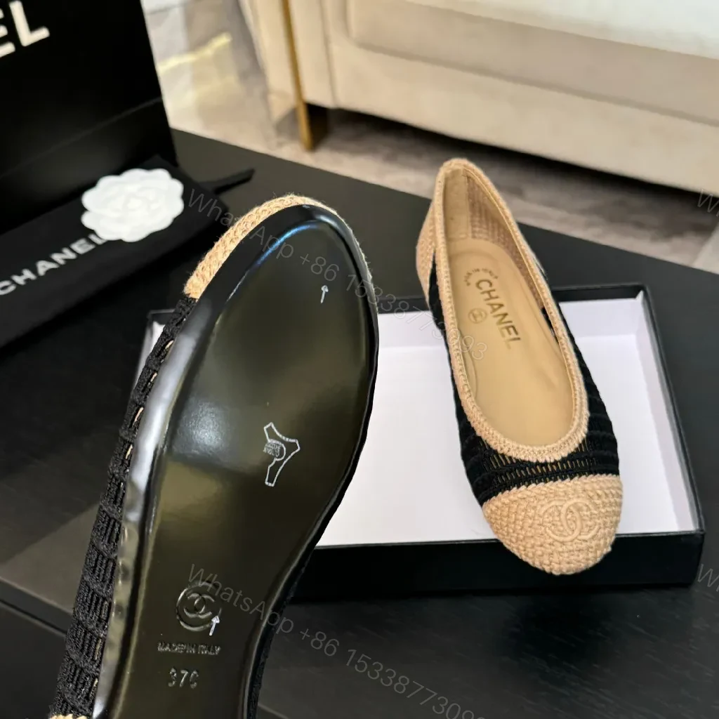 View 3 of Black knit + Linen beige + Chanel-inspired + Signature cap toe + Espadrille flats