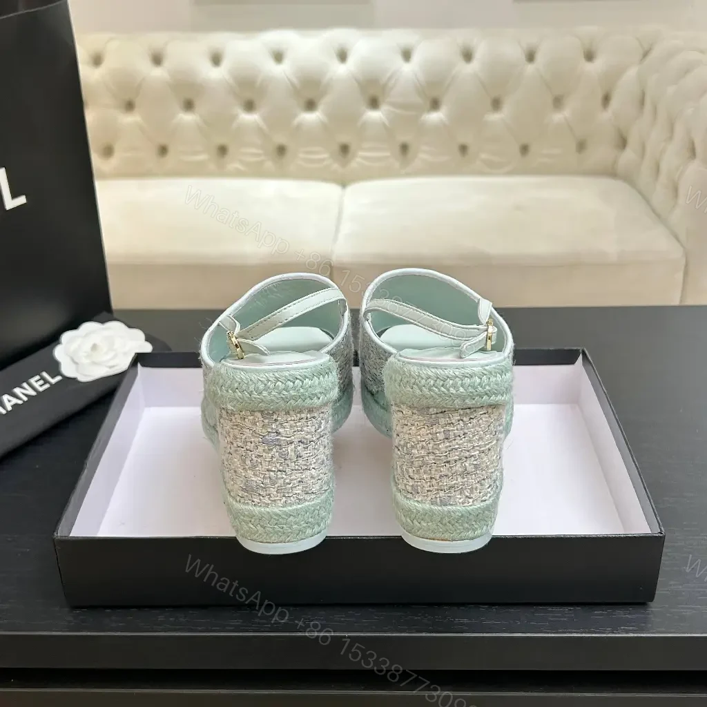 View 8 of Mint Boucle Espadrille Wedges – Platform Comfort, Logo Detail