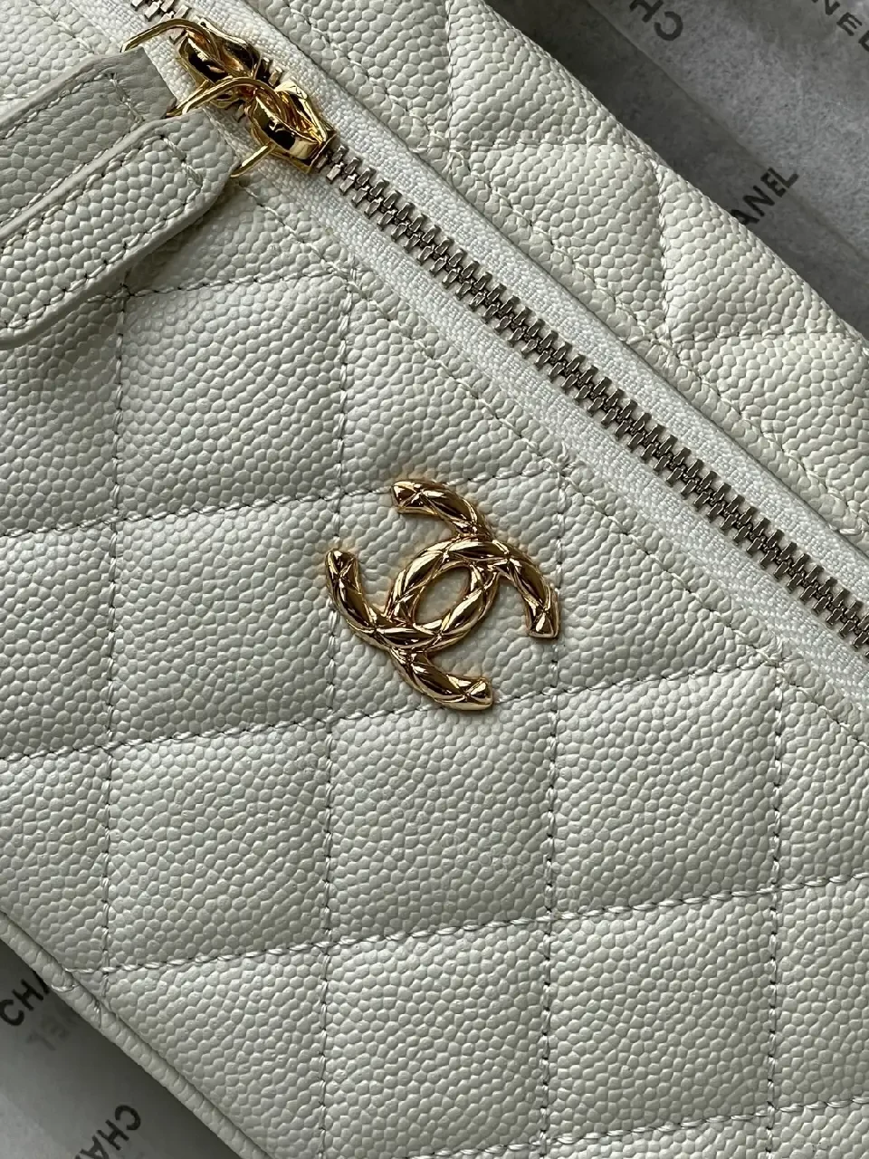 View 6 of Quilted Ivory Mini Bag in Luxe Chevron, Gold Hardware