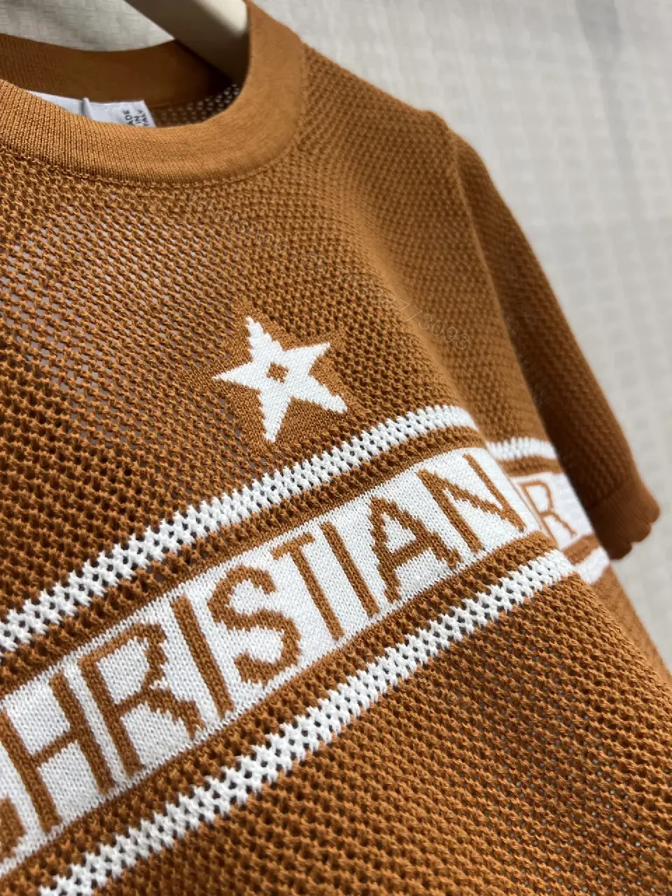 View 8 of Warm Brown Knit Top with White CH RISTIAN DIOR Band, Star, Open Weave Short Sleeve