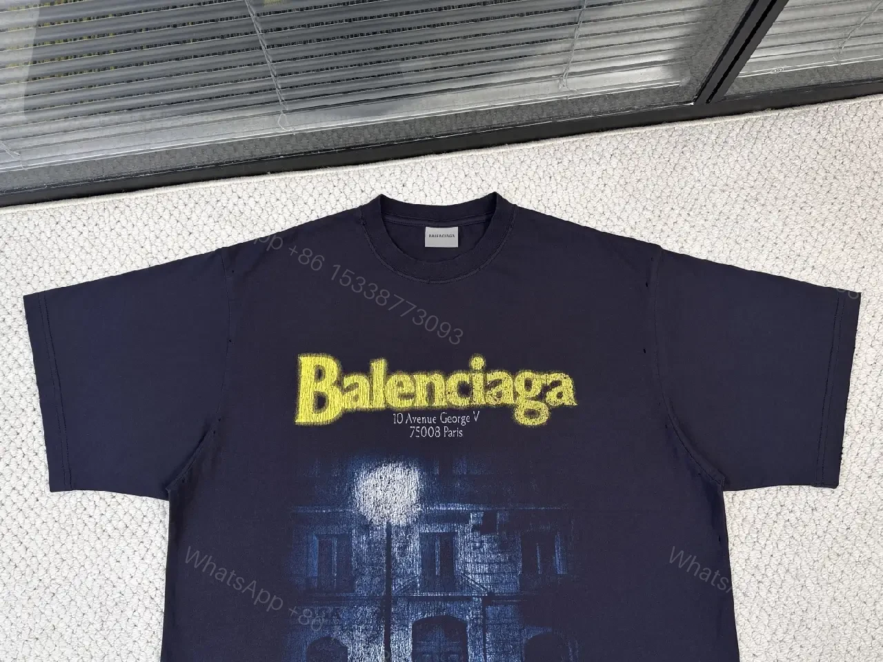 View 10 of Navy Cotton Oversize Balenciaga Graphic Tee with Neon Yellow Logo