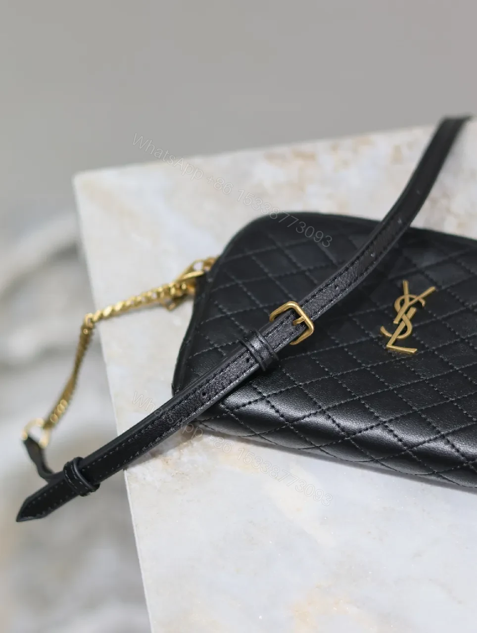 View 3 of Quilted Crossbody Bag with Gold Emblem, Compact Style