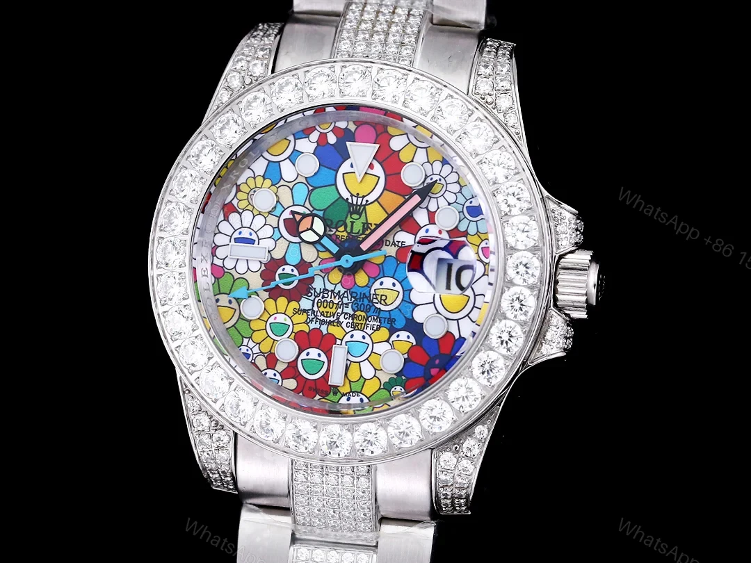 View 2 of Rolex Submariner Colorful Dial Diamond Replica 42MM Exclusive Full Pavé Oyster Bracelet RG-ROLEX-SUB-COLOR-DIAMOND-42