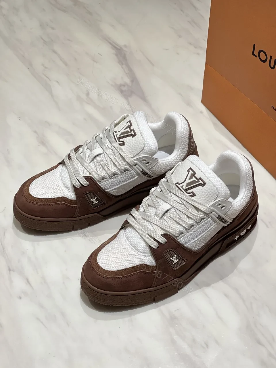 View 5 of Bold Contrast High-Top Sneakers in White & Chocolate Suede