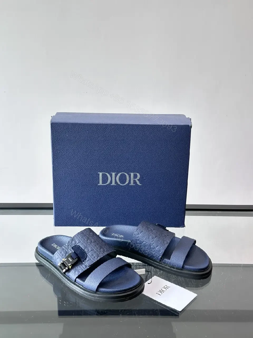 View 10 of Navy Leather Dior-Logo Slide Sandals with Buckle