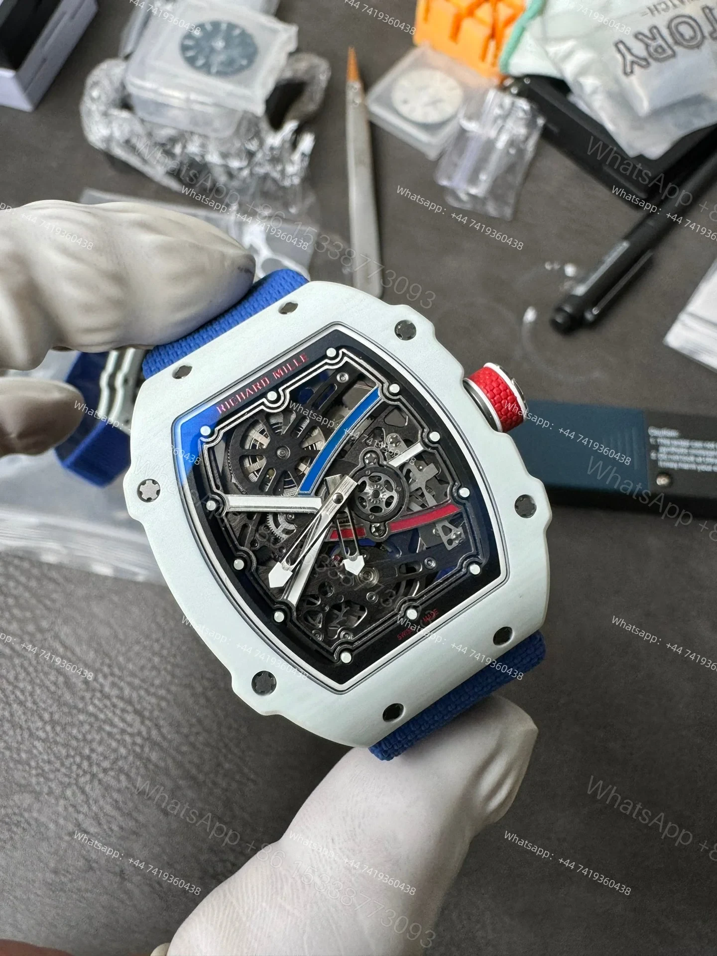 View 6 of Super Clone Richard Mille RM67-02 White Ceramic Skeleton Tourbillon 1:1 Replica Watch with Blue Strap