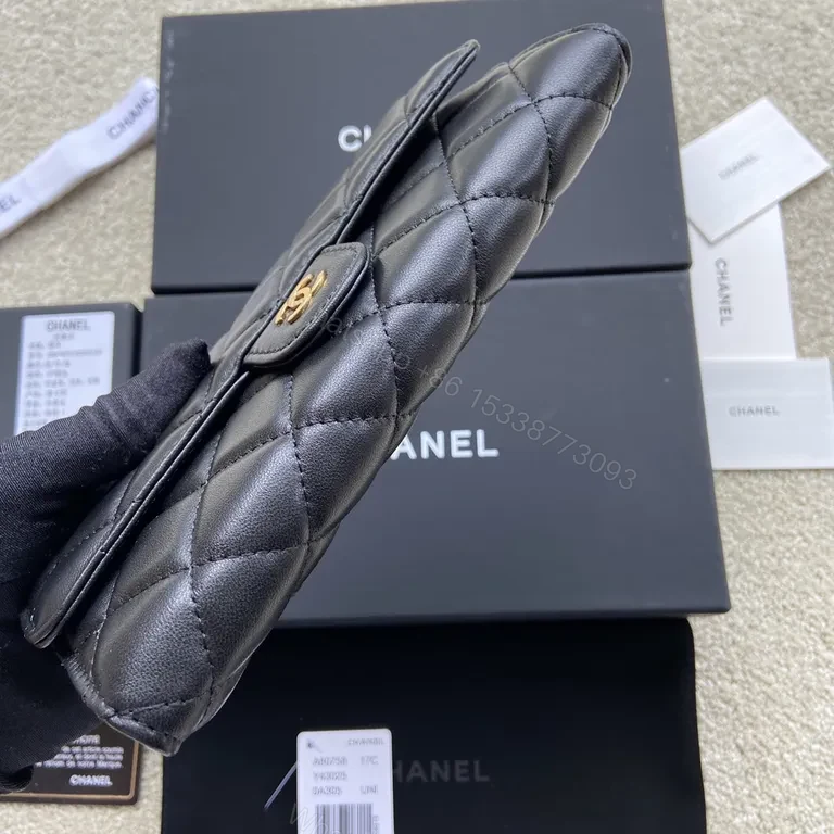 View 5 of Chic Quilted Black Leather Wallet â€“ Gold CC Logo Luxury