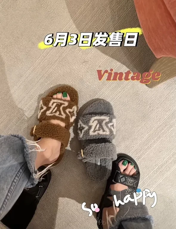 View 6 of Plush LV Monogram Fur Slides â€“ All-Day Luxury Comfort