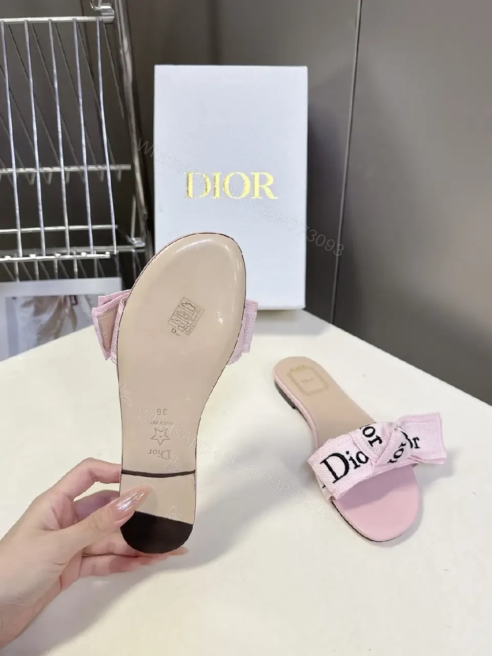 View 9 of Pink Satin Dior-Logo Bow Slip-Ons