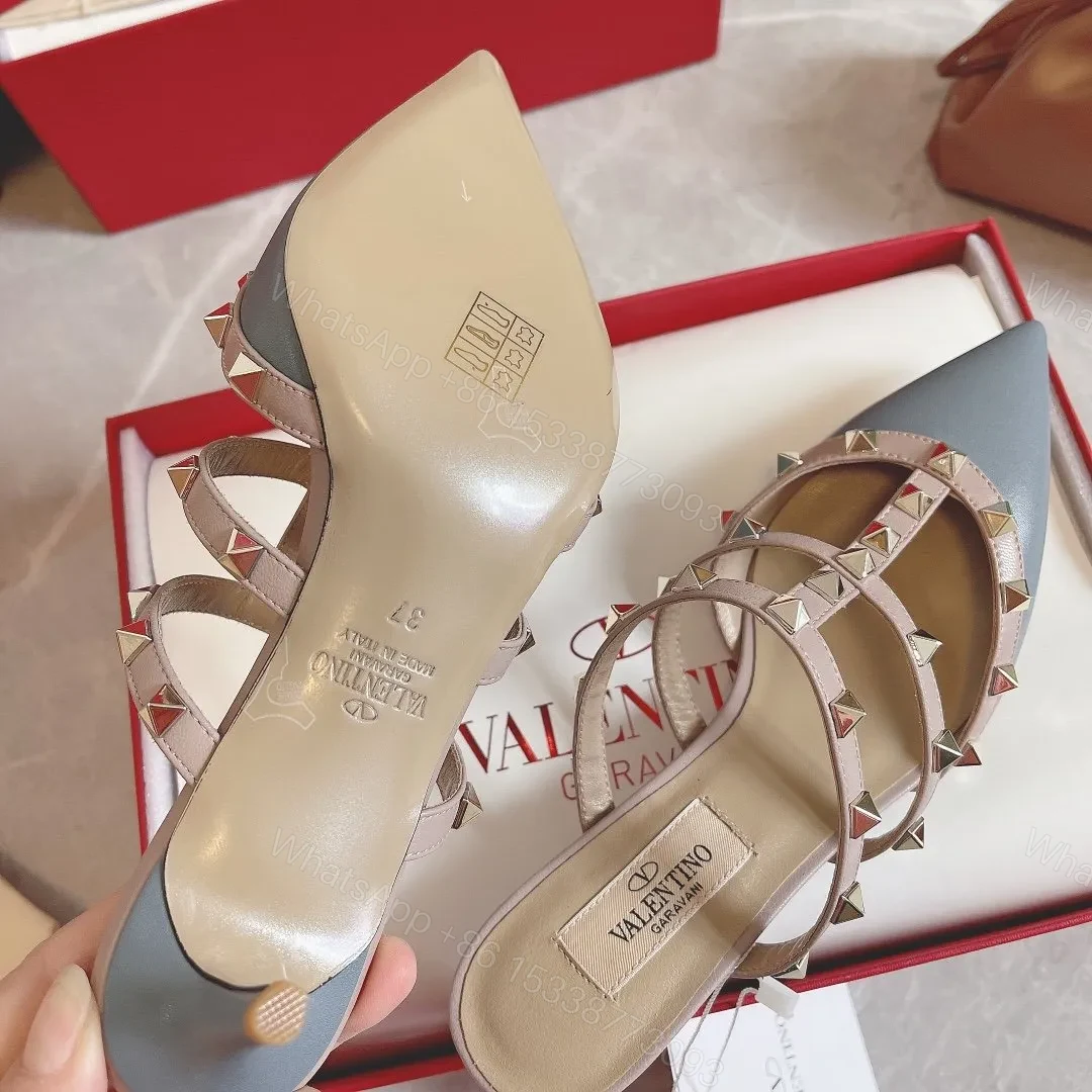 View 6 of Valentino Women Blue Leather Studded Mules