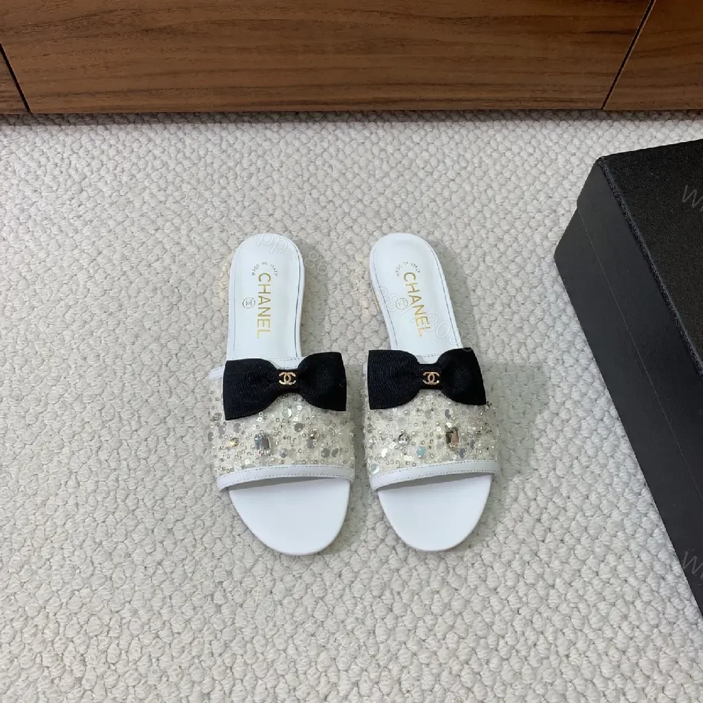 View 2 of White Crystal Glitter Sandals Satin Bow Chanel Style Sparkle Embellishments Slide Sandals