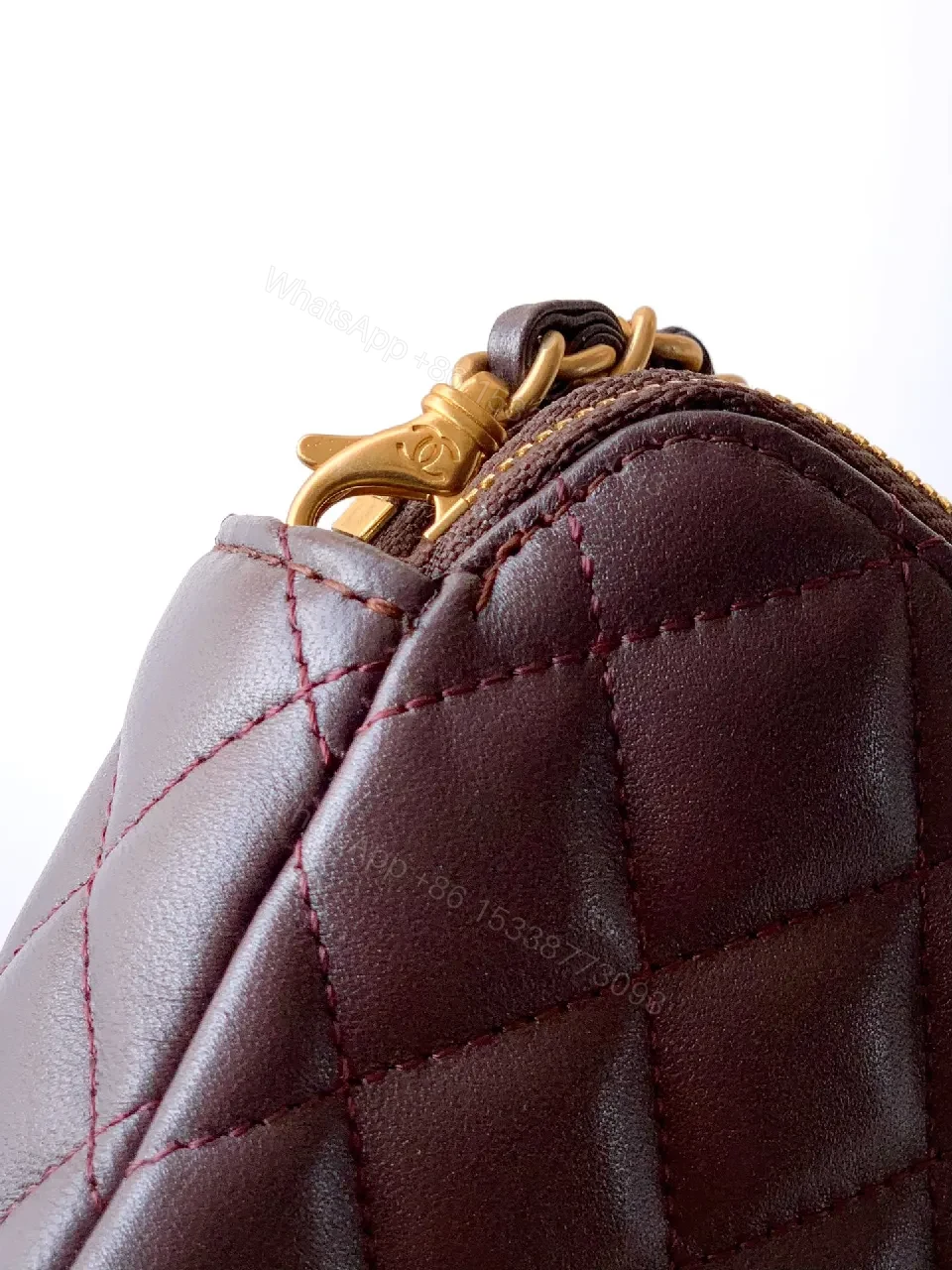 View 5 of Small Leather Crossbody: Diamond Quilt, Gold Logo, Velvet Trim, Everyday Luxe