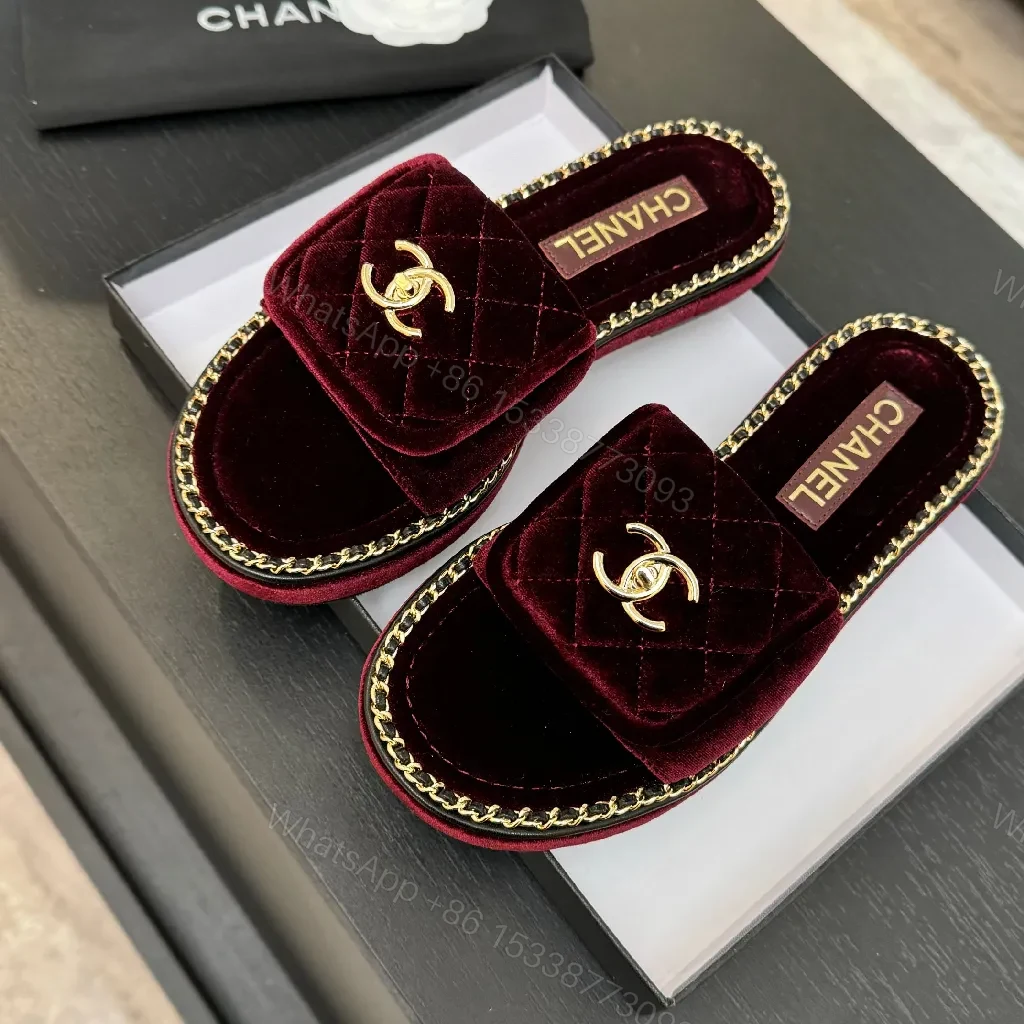 View 3 of Deep Wine Velvet Mules with Gold Chain Trim Slides
