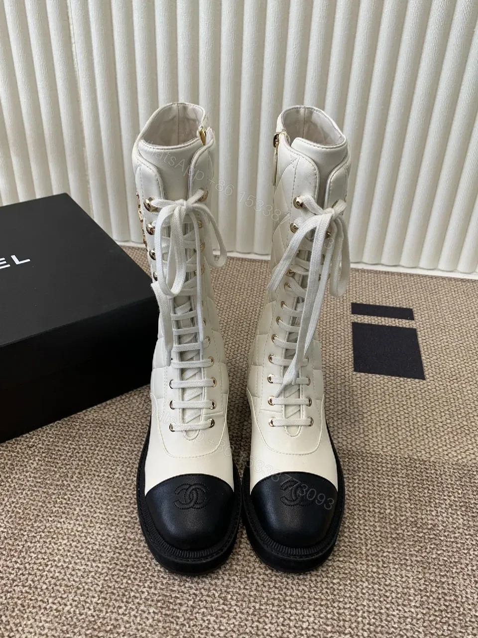 Off-White & Black Leather Combat Boots with Luxe Lug Sole — view 1