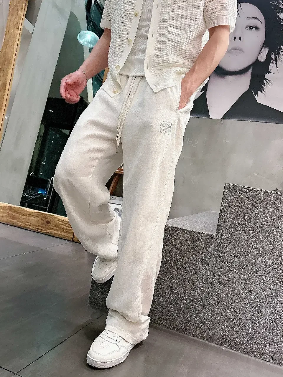 View 10 of Off-White Cream Linen-Look Wide-Leg Drawstring Pants