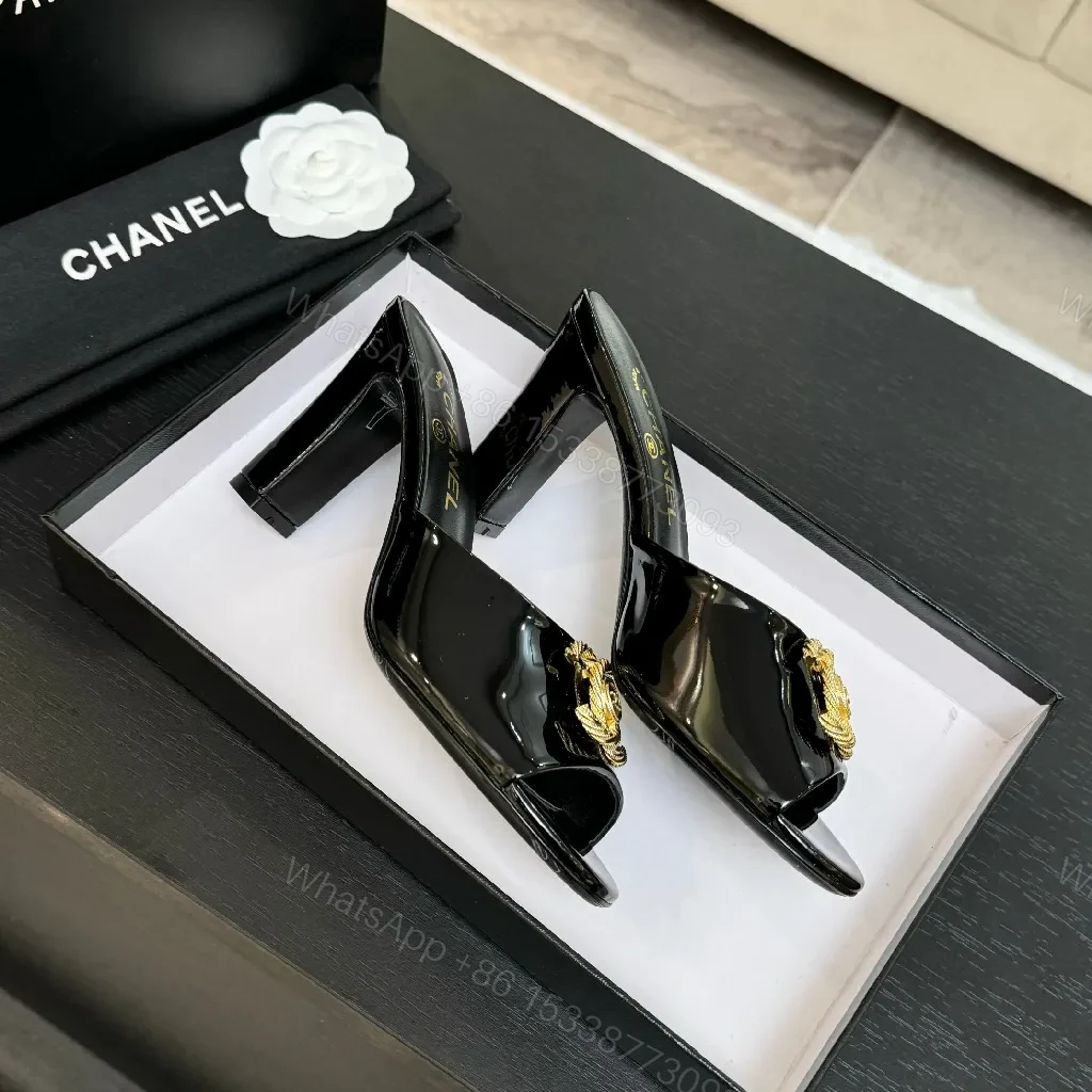 View 3 of Black Patent Mule with Gold Logo Accent – Open-Toe, Block-Heel, Luxury Style