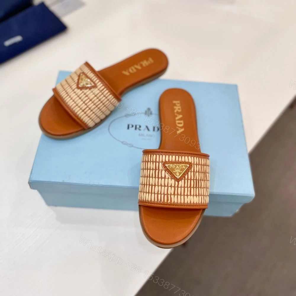 View 6 of Prada Leather Slides With Crochet Details Cognac Brown