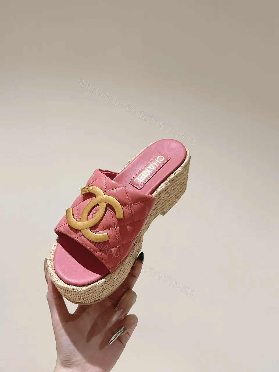 View 4 of Pink Quilted Espadrille Platform Sandals with Metallic Hardware