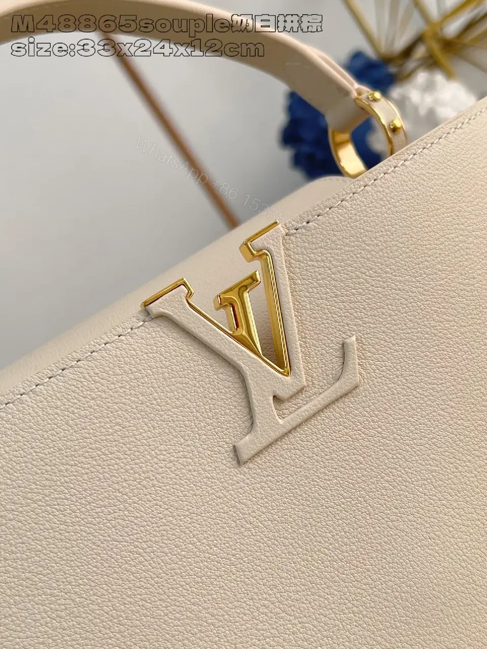 View 3 of Cream Pebbled Leather Structured Handbag with Gold Hardware