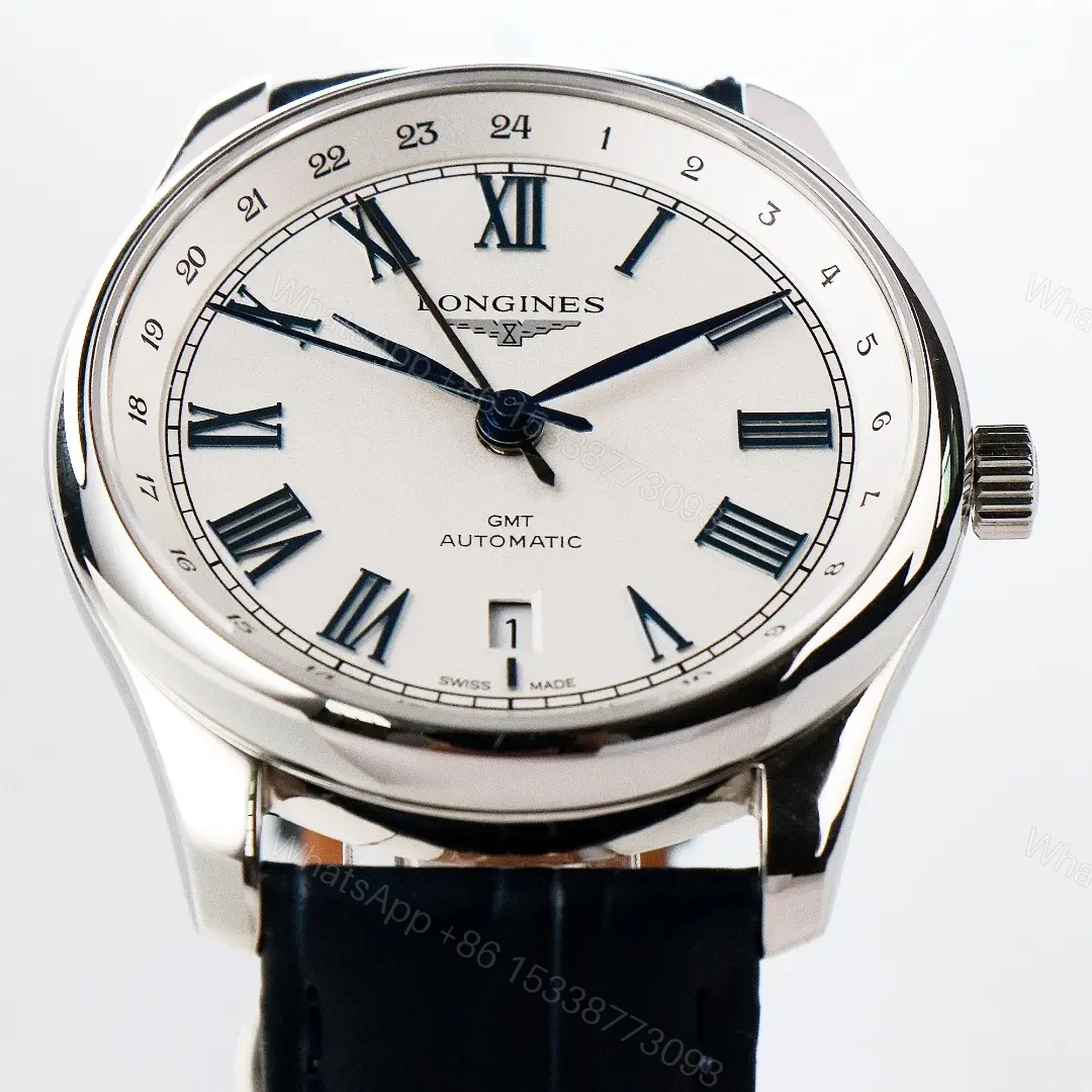View 6 of Longines Master Collection GMT Watch White Dial with Blue Hands 40mm Stainless Steel Case Italian Grey Leather Strap