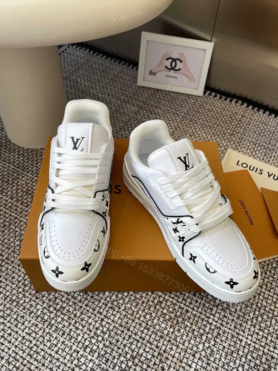 View 4 of Pattern-Statement White Leather High-Tops with LV Detailing