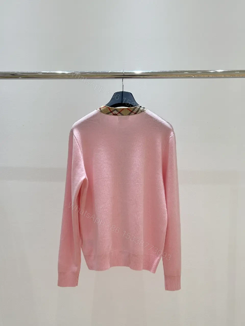 View 9 of Soft Pink Cardigan with Signature Check Collar Knitwear, Lightweight Warmth