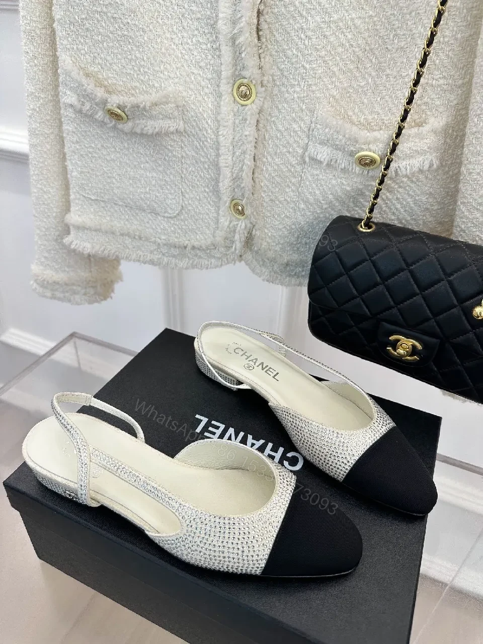 View 4 of Two-Tone Crystal Flats: Elegant Open-Back Sling Shoes